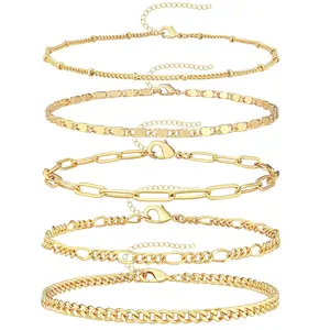 Women's Gold Bracelet Waterproof 14K Gold Plated Jewelry Set Fashionable Slim Stackable Cuban Chain Link Bracelet Fashion Accessories Women's Gift Stackable Sun and Moon Friendship Bracelet Set