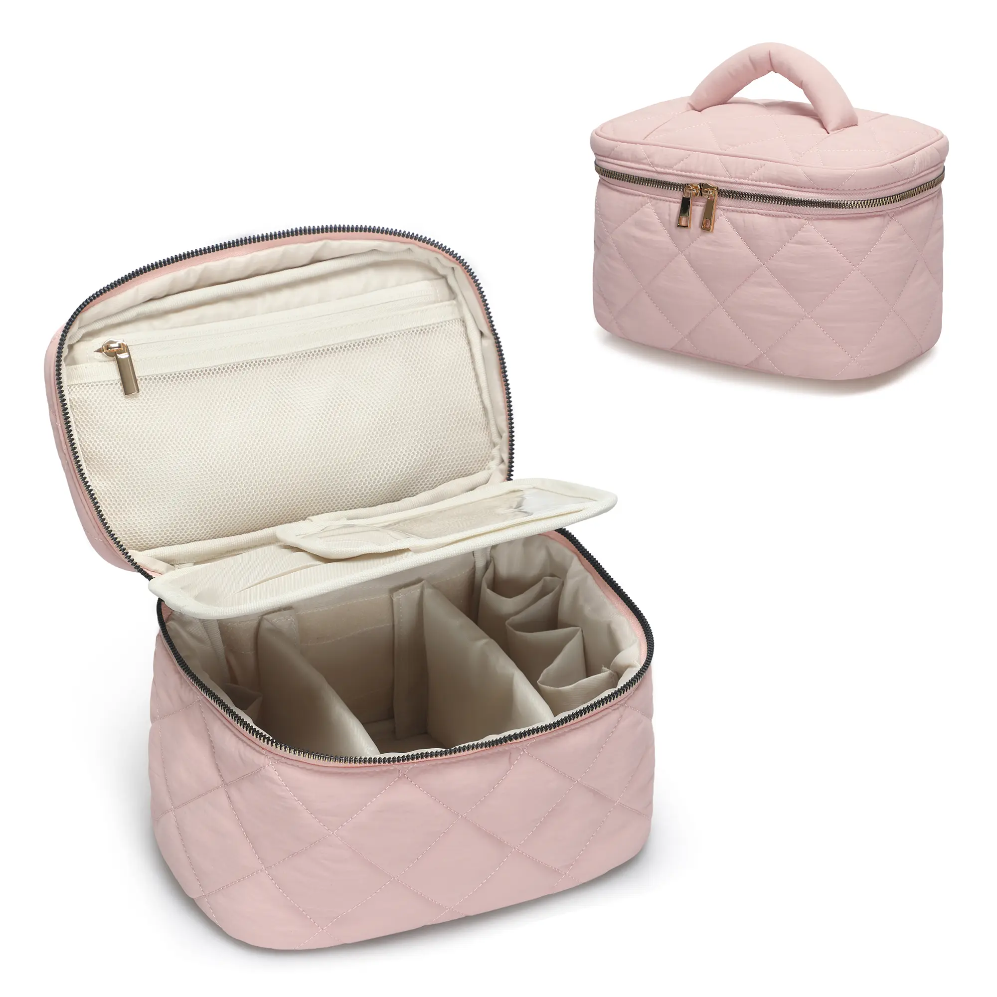 HYNES EAGLE Women's Chic Compact Quilted Top Handle Pouch-Type Makeup Bag - Water Repellent, Washable, Flat Open, Removable Dividers, Brush Holder, Casual Travel Cosmetic Organizer Case Travel Makeup Bags Organizers Travel Makeup Bags Organizers