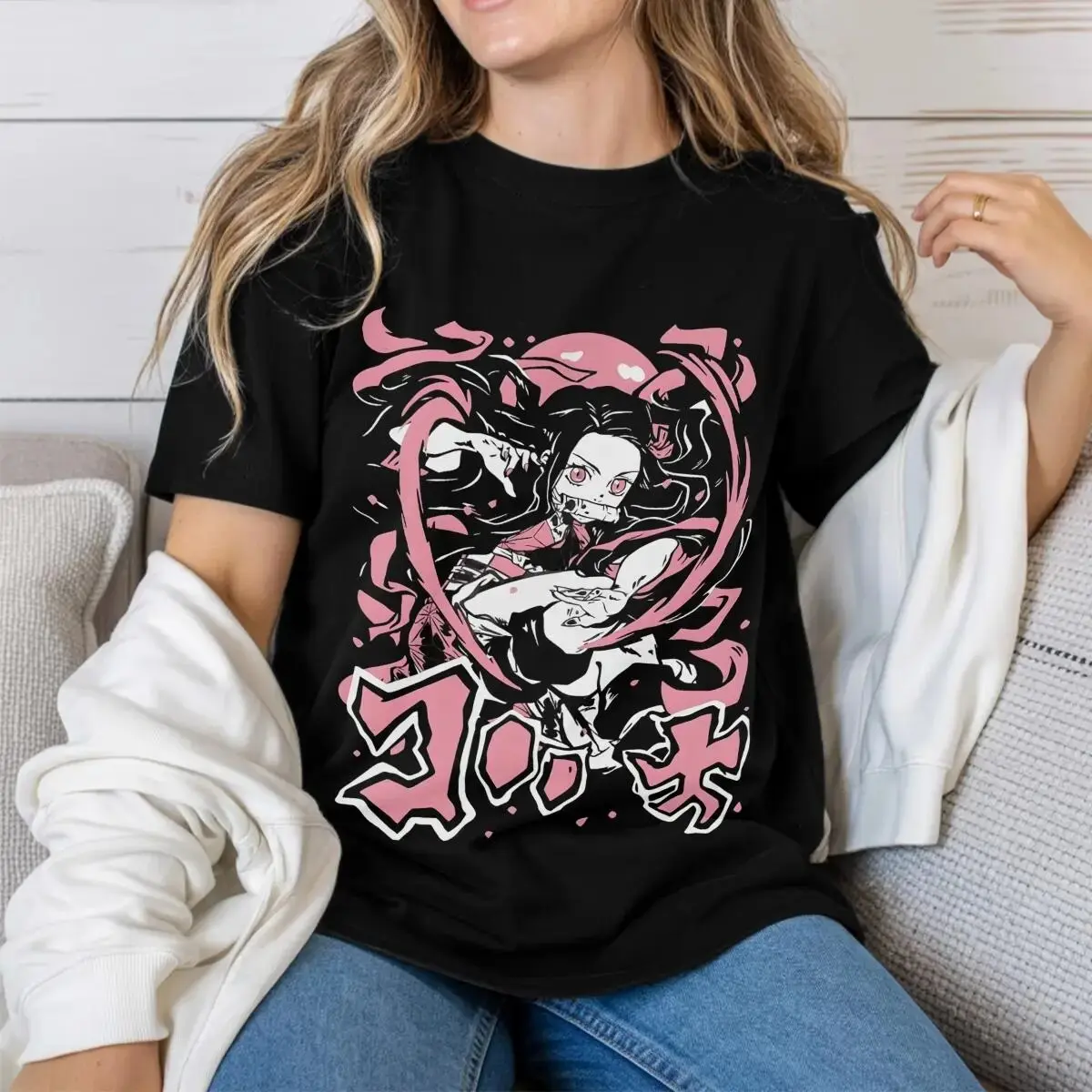 Nezuko Kamado Tee, Demon Slay Anime Washed Fabric T-shirt, Anime Tee, Gift For Anime Fans, Otaku gift 25723 Women