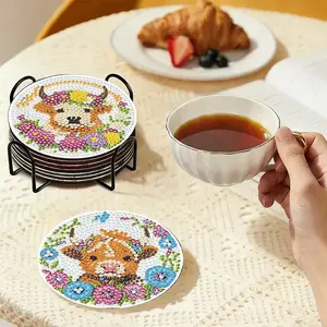 8-Piece Round Diamond Painting Coaster Set, DIY Cute Cow Pattern Coasters with Stand, Shiny Diamond Art Craft Kit, Suitable for Adults and Beginners