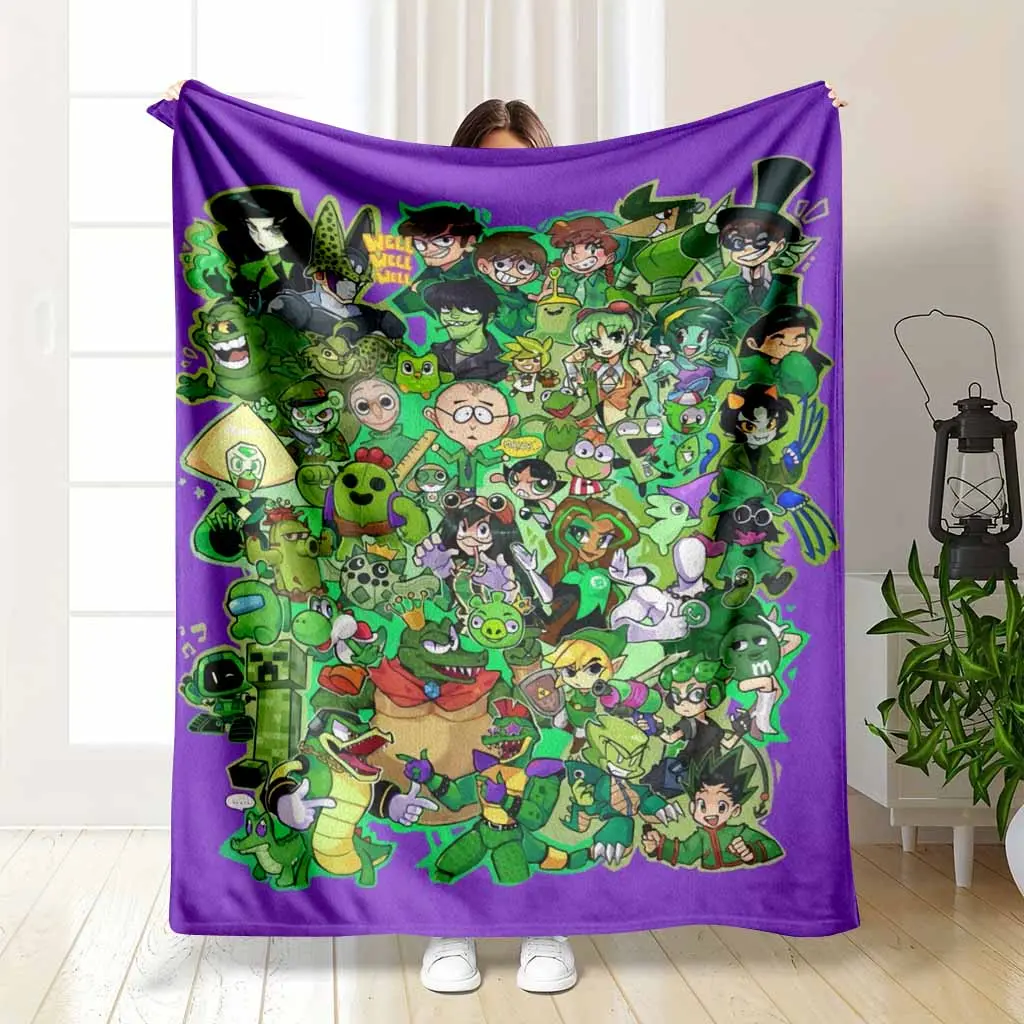 Green Cartoon Character Collage Flannel Blanket Monster Hero Print Soft Cozy Lightweight Warm Throw for Sofa Bed Gaming Room Movie Nights Gifts Travel Home Decor