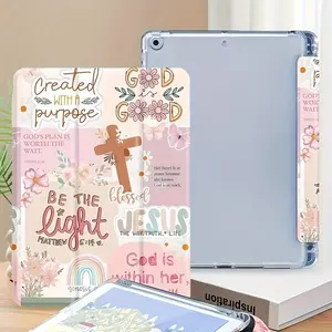 Christian Aesthetic Bible Verse iPad Tablet Case with Pen Slot, Floral Cross Jesus Design, Compatible with iPad 10.9/10.2/11 Inch, Tablet Protective Cover