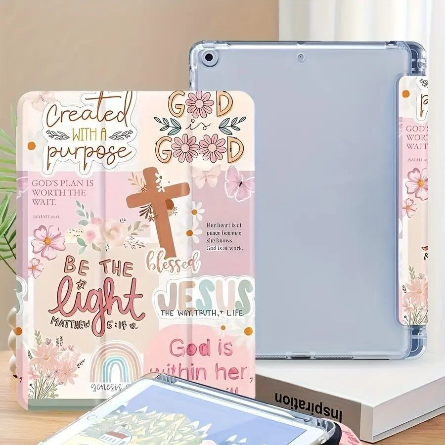 Christian Aesthetic Bible Verse iPad Tablet Case with Pen Slot, Floral Cross Jesus Design, Compatible with iPad 10.9/10.2/11 Inch, Tablet Protective Cover, Ipad Covers, Tablet Casing