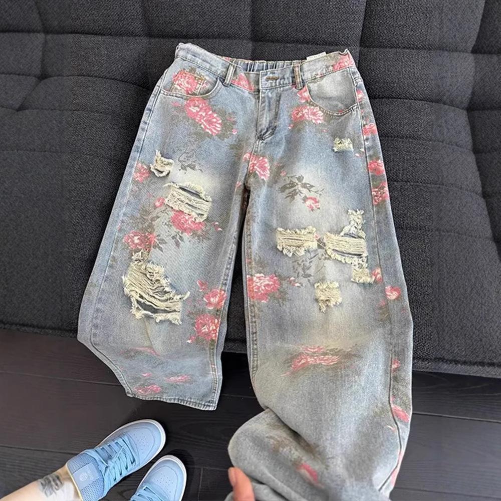 Vintage Cute High Waisted Straight Leg Jeans Casual Y2K Flower Printed Fringe Ripped Streetwear Denim Pants