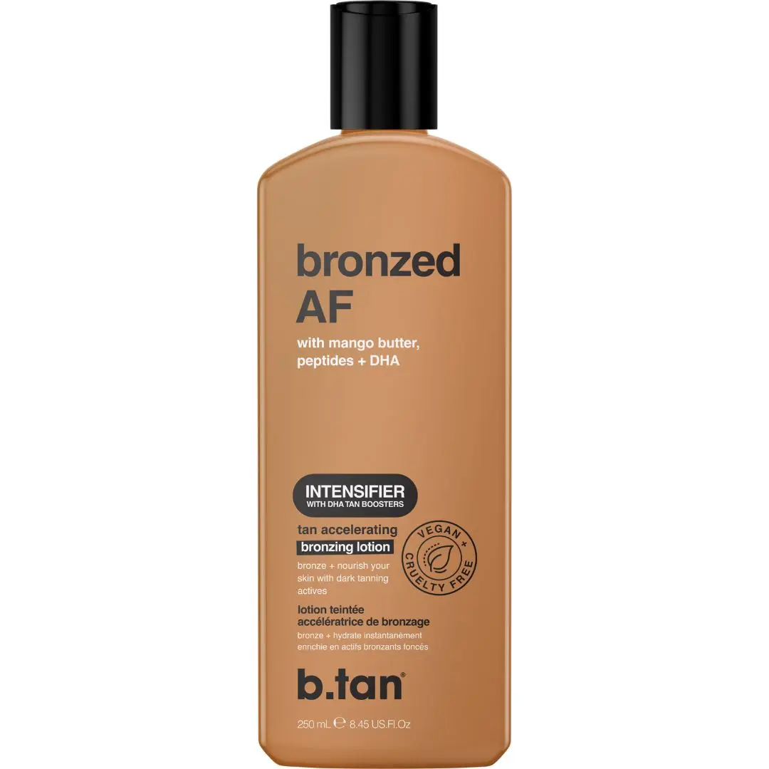 Bronzed AF | b.tan Sun Tanning Lotion | Tan Accelerator - Best Tinted Browning Cream Instant Glow, Tan Intensifier Bronzing Lotion, No SPF, Packed w/ Tan Boosters, Mango Butter & Peptides, Hydrating, Bronzing, Shimmer, Mango Scent, Peptide Tanning Stuff o