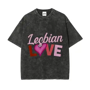 Vintage Washed Lesbian Love Oversized T-Shirt | Black Acid-Washed Pride Graphic Tee | Retro LGBTQ+ Streetwear Casual Top