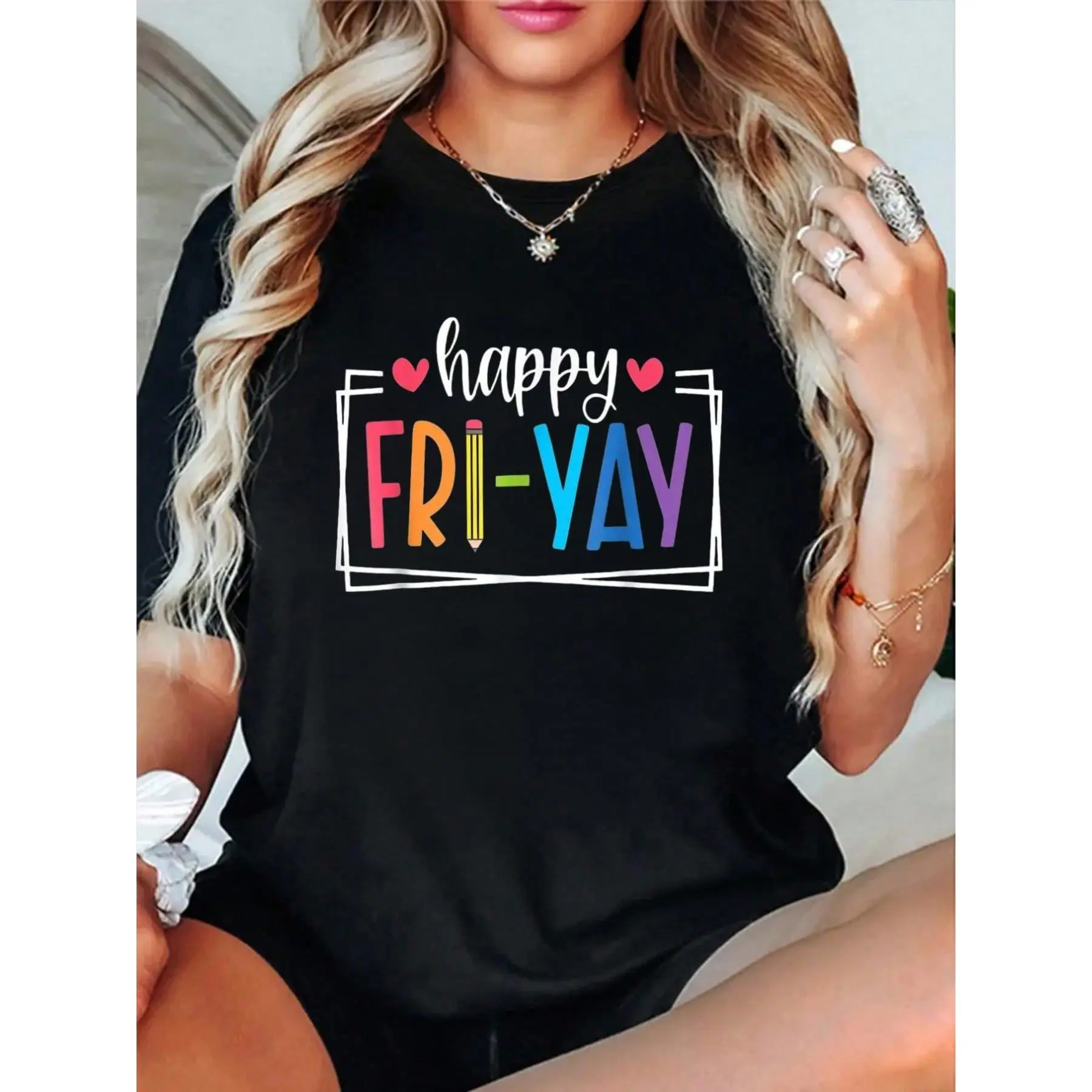 100% Cotton Happy Fri-Yay Friday Lovers Fun Teacher Life FriYay Weekend T-Shirt Men's Women's Soft Breathable Tee Classic Fashion Summer Tops Printing Short Sleeve T-Shirt graphic tees men crop tops summer outfits for men summer tops T-Shirt