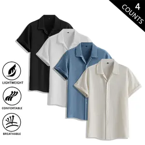 4-Pack Men’s Ice Silk Crinkle Short Sleeve Shirts, Lightweight for Summer, Cuban Collar, Loose Casual Shirt with a Premium Feel