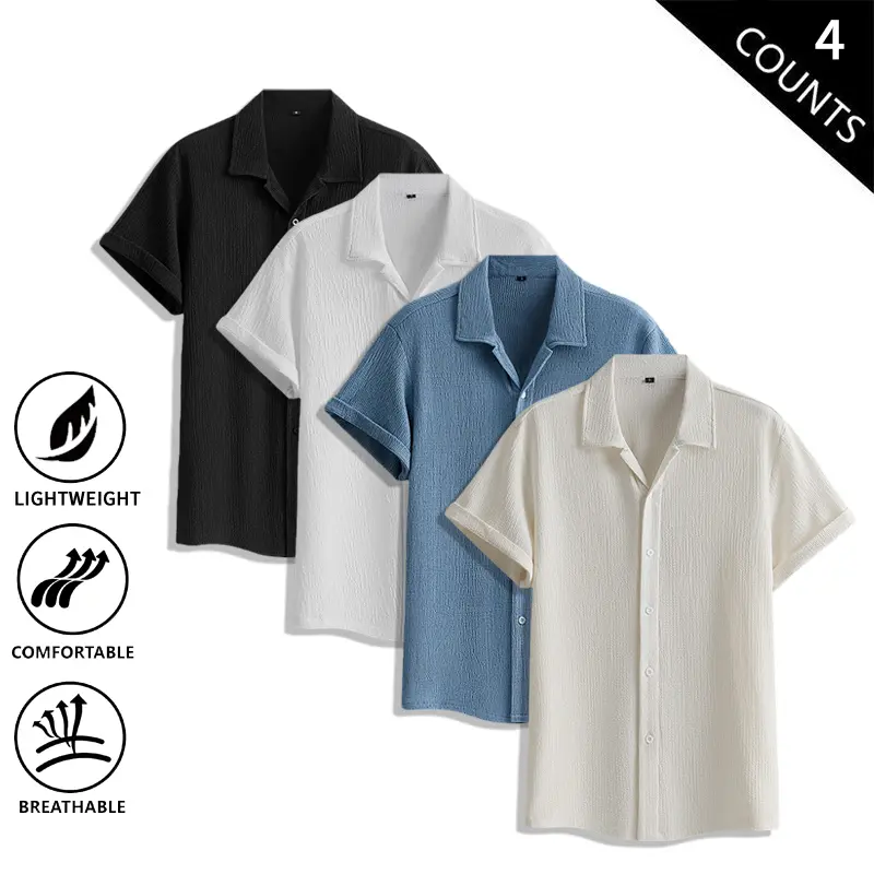 4-Pack Men’s Ice Silk Crinkle Short Sleeve Shirts, Lightweight for Summer, Cuban Collar, Loose Casual Shirt with a Premium Feel