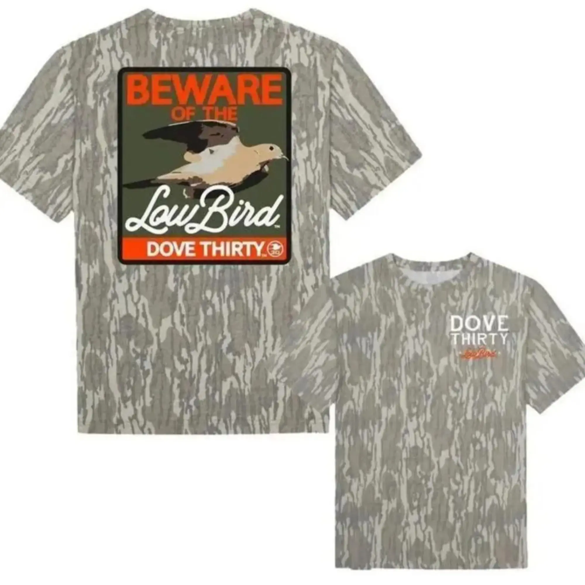 Dove Thirty Low Bird Camo T-Shirt, Mossy Oak Bottomland Style Hunting Tee, Duck & Dove Graphic Shirt, Waterfowl Outdoor Camouflage Apparel, Vintage Camo Hunting Shirt