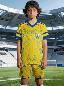 Ukraine Team Uniform Set V-Neck Sports Short Sleeve Shorts, 100% Polyester Casual Loose Fit, Summer Fashion Fun Prints, Perfect Gift for Boys