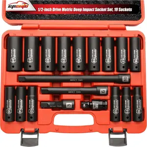 1/2-Inch Drive Metric (10-24 mm) Deep Impact Socket Set | Extension Bar | Universal Joint, Cr-V, 6 Points, 19 count