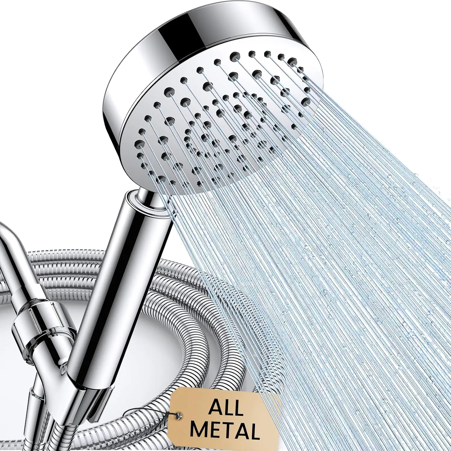 FEESLO All Metal High Pressure Handheld Shower Head with 72" Stainless Steel Hose, 6 Spray Settings, Built-in Pause Mode, Non-Clogging Nozzles & Adjustable Brass Holder, Shower Heads