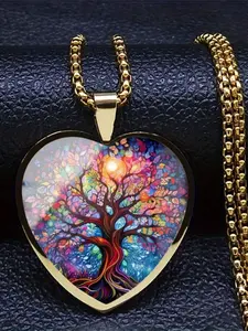 A transparent glass heart-shaped necklace with a beautifully detailed 2D image of an ancient tree inside.