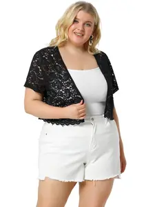 Agnes Orinda Plus Size Bolero Shrug Short Sleeve Crochet Lace Open Front Cropped Cardigan