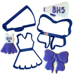 CHEER COOKIE CUTTER SET Chearleader Uniform Jersey Dress Skirt Hair Bow Decoration Megaphone Bullhorn Cookie Cutters For Basketball Football Soccer Games Birthday Graduation Competition Camp (3 Pack)