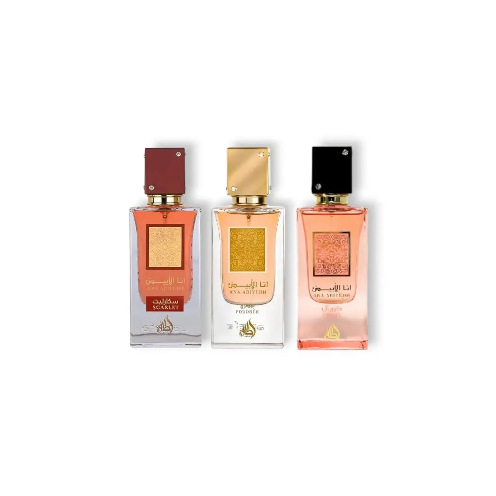 Lattafa Perfumes Ana Abiyedh Multi-Pack - Scarlet, Poudree, Coral Eau de Parfum (EDP) for Women, 60 ml Per Bottle, Fresh Fragrance