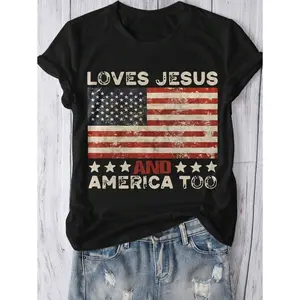 A T - shirt with “LOVES JESUS AND AMERICA TOO” text and a distressed American flag graphic