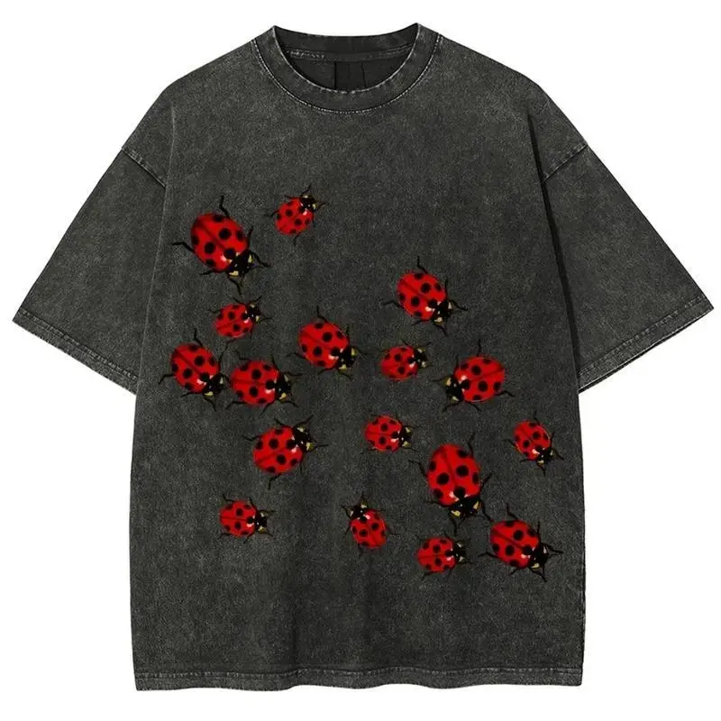 Women's Valentine Ladybug Graphic T-Shirt - Unisex Vintage Washed Short-Sleeve Casual Round Neck Top, Full Color, Full Size, Shortsleeve, Tshirt