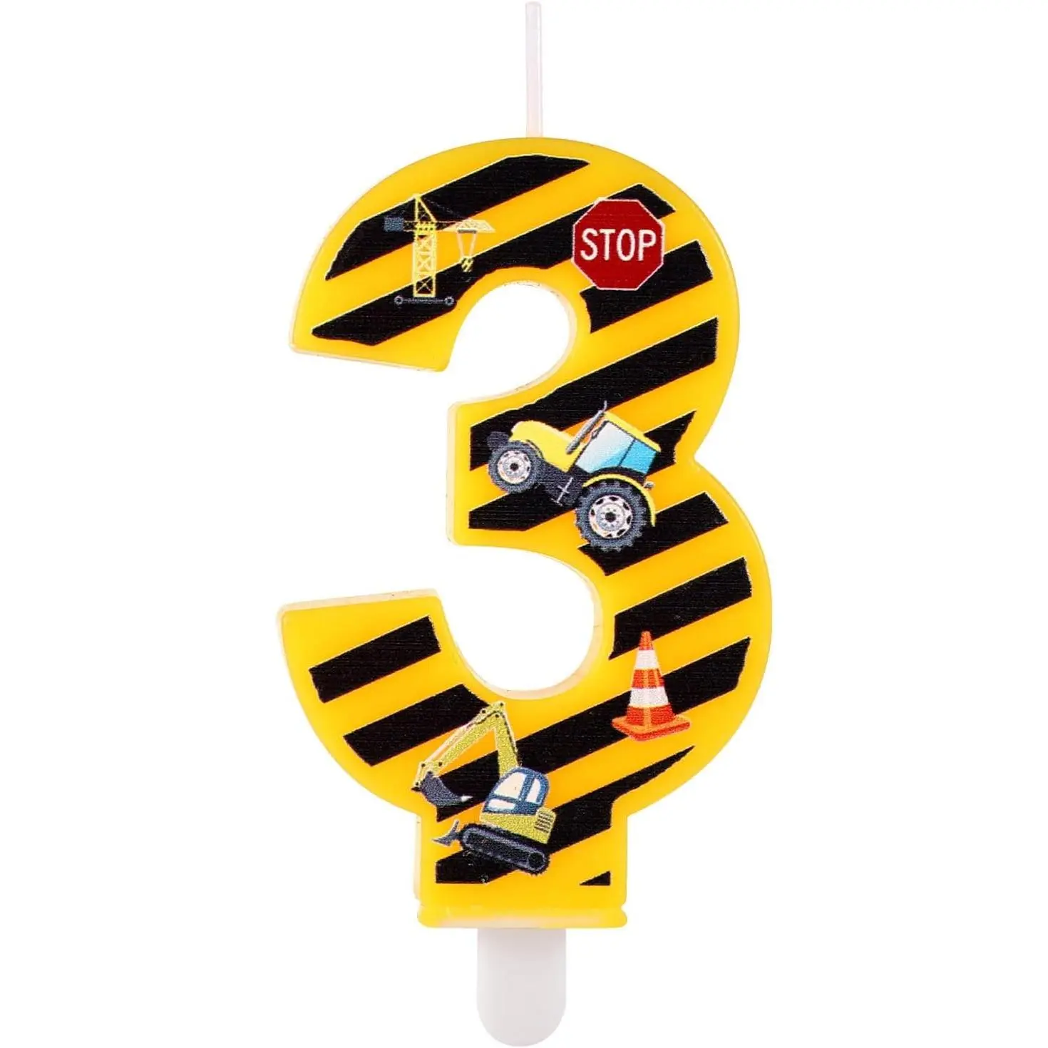 Construction Birthday Candle, Happy Birthday Candles Numbers Construction Cake Topper Yellow and Black Striped Candles for Boys Construction Birthday Party Supplies Decorations (Number 3)
