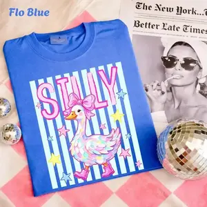 Comfort Colors Silly Goose Heritage Graphic T-shirt, Aesthetic Coquette Pink Bow Spirit Shirt, Cute Pastel Animal Top, Trendy Star Striped Heritage Apparel, Soft Garment-Dyed Cotton, Made In The USA	