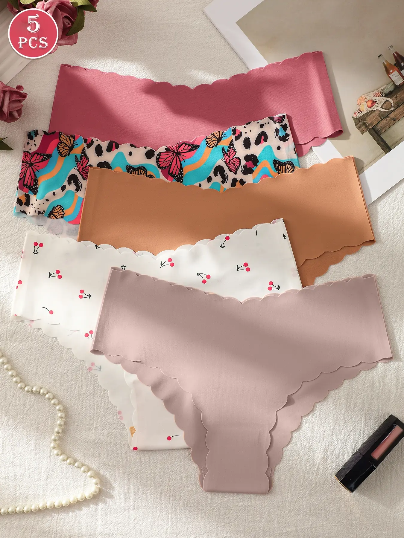 5-piece women's seamless scallop slim briefs with one-piece comfort, breathable, stretchy print butterfly cherry and solid color paired with women's briefs Underwear Casual Elegant Panty Knitted Stretch Underwear Breathable Stretch Panties