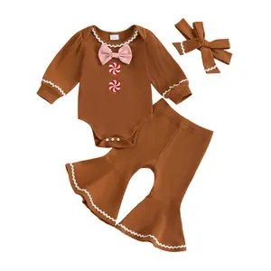 My First Christmas Babby Girl Outfit Newborn Gingerbread Man Onesie Romper Tops Flare Pants Set Infant Romper Bell Bottom Winter Clothes