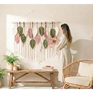 WOODSTICK Large Macrame Wall Hanging 39"W x 29.5"L - Boho Wall Decor in Beige, Old Pink & Green - Chic Woven Leaf Leaves Boho Tapestry, Handmade Cotton Fiber Art, Macrame Wall Décor, Bedroom Tapestry