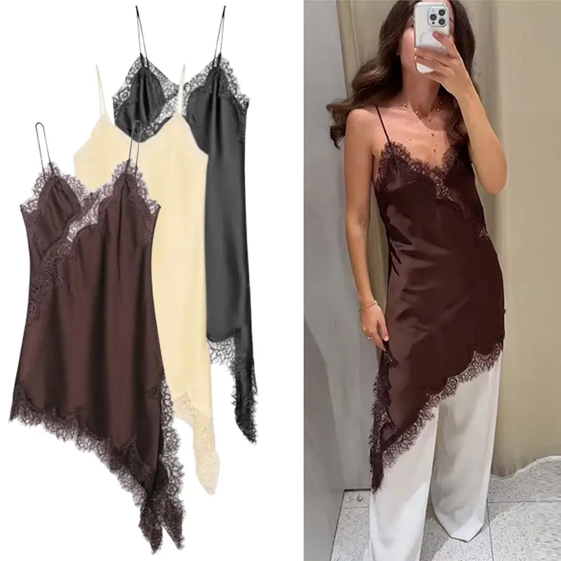 SFTQ Satin Sexy Lace Spliced Short Sling Dress Women Sleeveless Backless Asymmetric Sexy Party Dresses 2025 Summer Lady Dress freshman  hoco  dress Fairycore Lace Trim Babydoll Dress Romantic Lavender Floral Mini Dress Vintage Pleated Lace Strap Dress