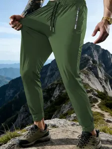 Men's Lightweight Ice Silk Fiber Joggers, Zipper Pockets, Adjustable Drawstring Waist, Breathable Quick-Dry, Casual Workout Pants