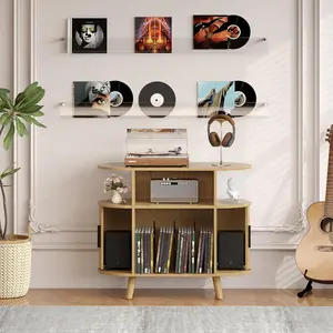 35" Fluted Mid-Century Modern Record Player Cabinet – Large Round Turntable Stand with Charging Station, Display Shelf & Arched Wood Storage for Living Room