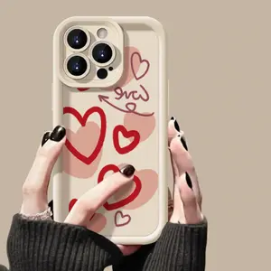 Red Love Heart Pattern Case for iPhone 16 15 14 Pro Max 13 12 11 XR XS Plus Shockproof Drop Protection Rugged Durable Silicone Cover