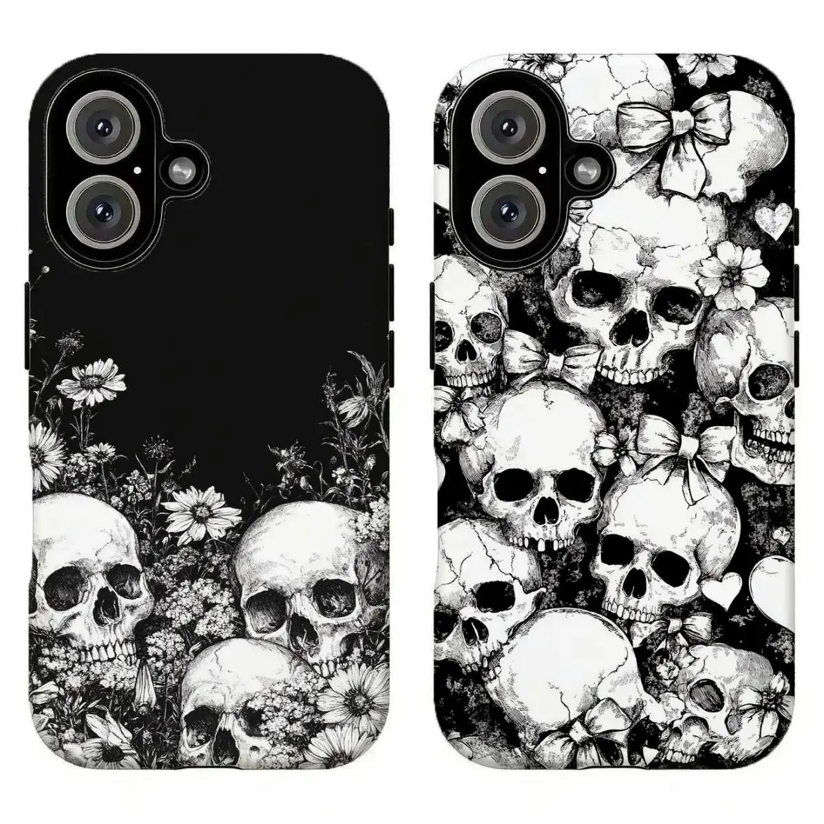 Black & White Skull Floral Smartphone Case - Dark Floral Grunge Safety Protector for Gothic Grunge Aesthetic, Handheld Cellphone Devices Compatible with iPhone 11-17 Pro Max/Plus, Samsung Galaxy S23-25, Protection