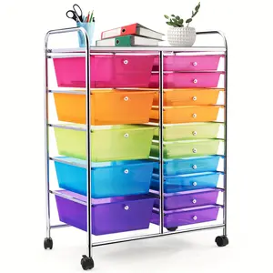 NEW-Costway 15 Drawer Rolling Storage Cart Tools Scrapbook Paper Office School Organizer