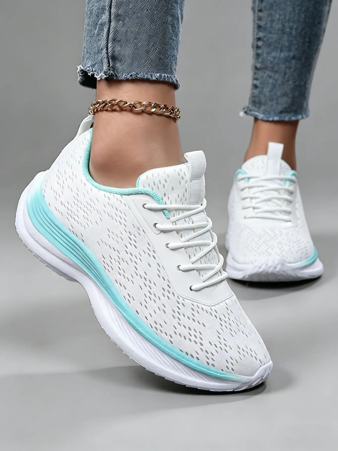 Women's White Mesh Casual Trainers with Aqua Accents, Comfortable Breathable Athletic Shoes for Daily Wear