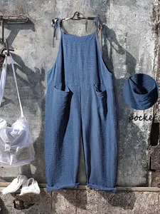 Plus Size Adjustable Tie Waist Overall Jumpsuit, Comfortable Breathable Loose Fit Wide Leg Rolled Hem, Casual Daily Wear with Front Pockets