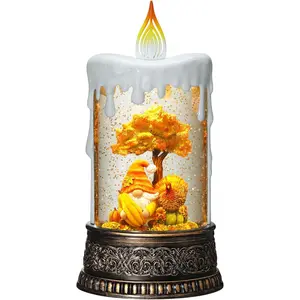 Snow Globe Candle Fall Decorations for Home with Timer Gnome Turkey Pumpkin Autumn Harvest Indoor Fall Decor 9.7 inch