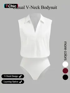 Women's Casual Loose V-Neck Collared Sleeveless Shirt Jumpsuit, Elegant Woven Fabric, Slim Fit, Perfect for Daily Wear