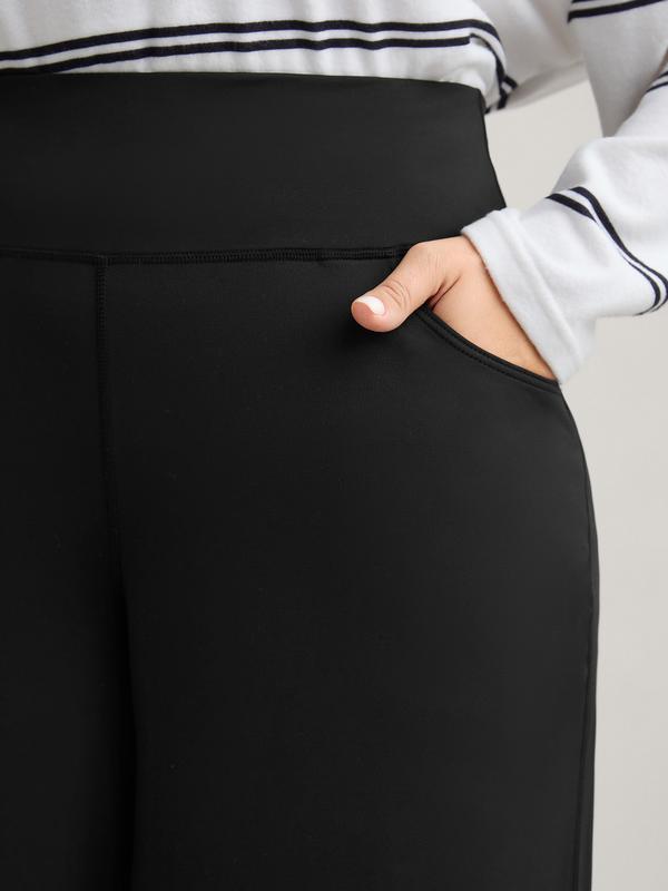 BLOOMCHIC Super Stretchy Wide-Leg Casual Pocket Pants Fit Black Minimalist Everyday Bottoms  thick thigh pants work outfits women baggy pants wide leg sweatpants cargo pants capri pants outfit