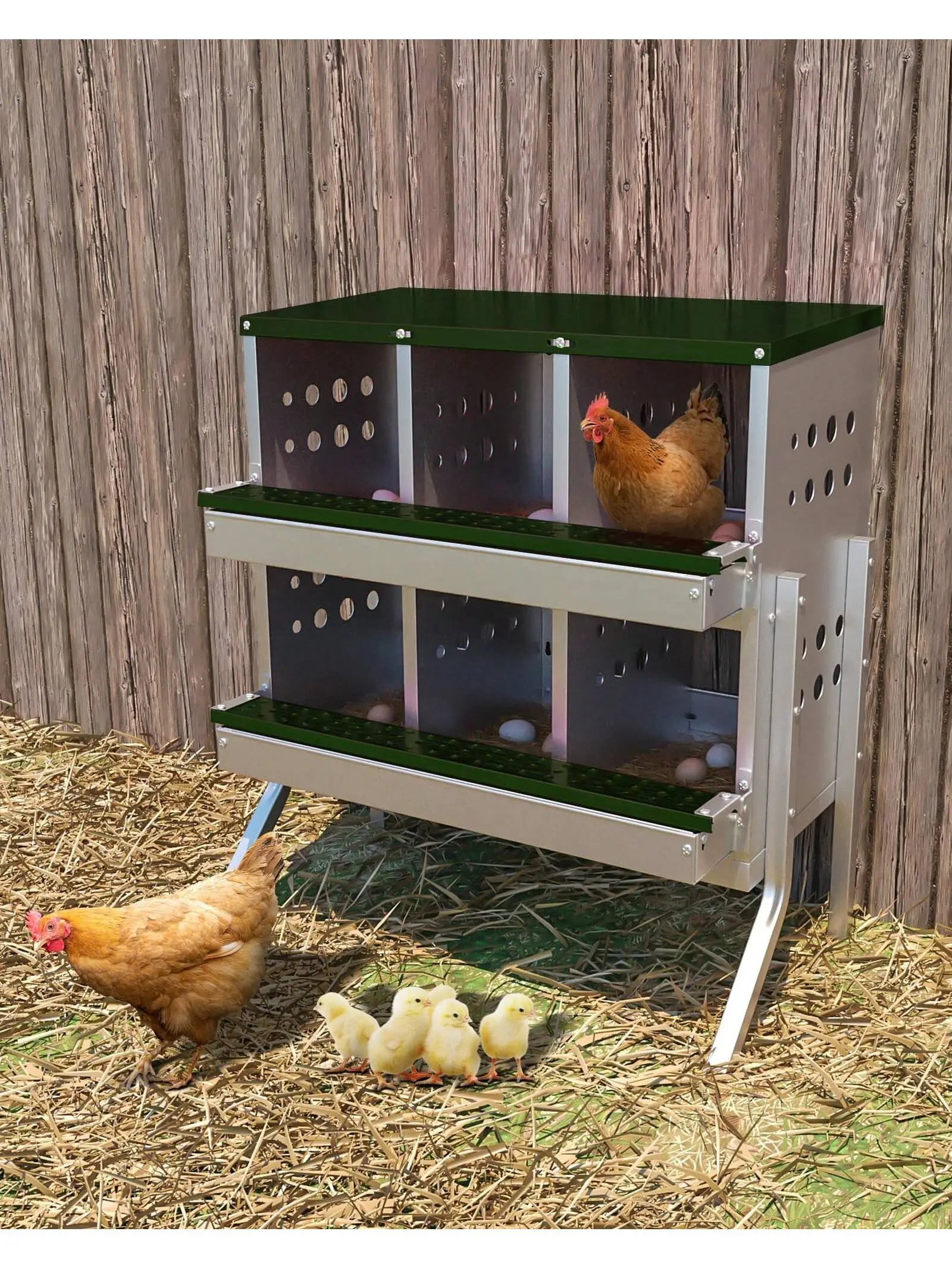 Waltyotur Metal Chicken Nesting Box – 3/4/6/8 Holes – Red & Green – 1/2 Tier