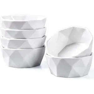 Ramekins 8 Oz Set of 6, Porcelain Creme Brulee Ramekins Oven Safe, Geometric Souffle Dishes for Baking Dessert Ice Cream, Ceramic Charcuterie Bowls Dishwasher Microwave Freezer Safe, White