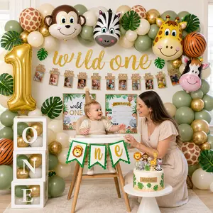 Wild One Birthday Decorations, 1st Birthday Decorations for Boy or Girl, High Chair Banner, Box, Balloons Garland, Jungle Theme Safari Party