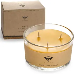 Large Beeswax Jar Candle - 3 Wick Beeswax Candle Gift - Handpour Candle with Natural Honey Scent, 22 Hours Burning