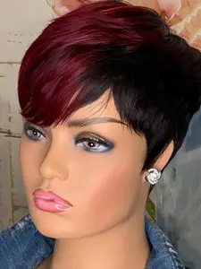 6 Inch Natural Black & Red  Short Pixie Cut Wavy Wigs for Women, Gorgeous Fluffy Wigs with Bangs, Synthetic Full Machine Wigs for Party, Daily Use
