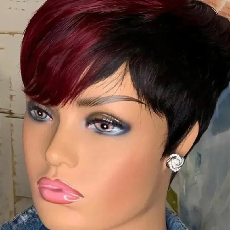 6-Inch Black & Red Two-Tone Short Pixie Wavy Wigs for Women, Fluffy Stylish Full Bang Synthetic Hair Wig Machine Made Full Wig for Daily Wear & Party With Bangs Wig