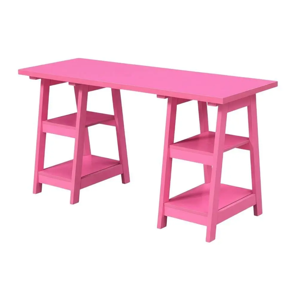 Contemporary Double Trestle Desk With Shelves In Durable Mdf Finish