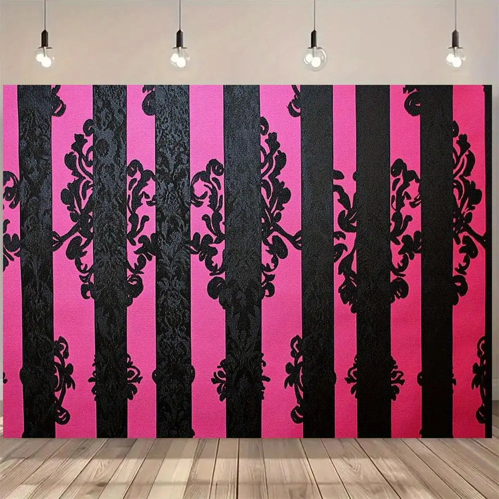 1PC Polyester Pink-Black Striped 2D Flat Damask Photography Backdrop Banner, Reusable Home & Festive Party Supply for Birthday Decor, Photo Studio Scene Prop