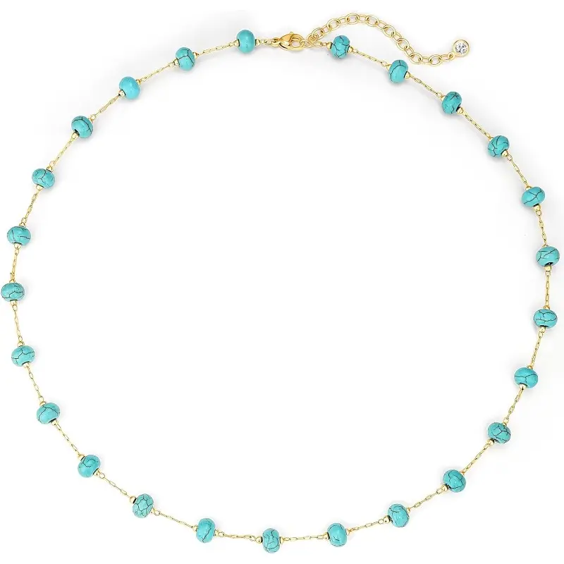 18K Gold Plated Turquoise Beaded Choker Necklace for Women, Handmade Boho Beach Jewelry, Adjustable Summer Western Necklace, Gold Necklace Women
