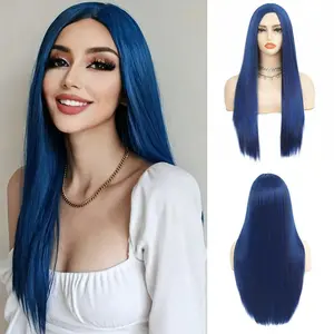 Dark Blue Long Straight Wigs for Women Middle Part Heat Resistant Fiber  Hair Wig for Halloween Daily Costume Use