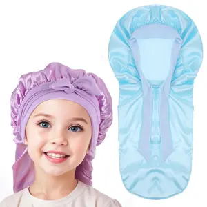 2 Packs Long Hair Bonnet for Sleeping, Silk Bonnet for Kids Satin Bonnets Double Layer Satin Sleep Bonnet Elastic Satin Bonnet Night Sleep Hats for Toddler Teens Natural Curly Hair(Blue+Purple)